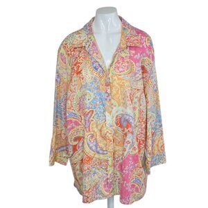 Ralph Lauren Cotton Paisley Print Colourful Button Up Shirt, Plus, 3/4 Sleeve,3X